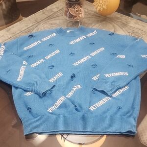 Vetements Allnover Logo Blue Wool Blend Sweater Medium